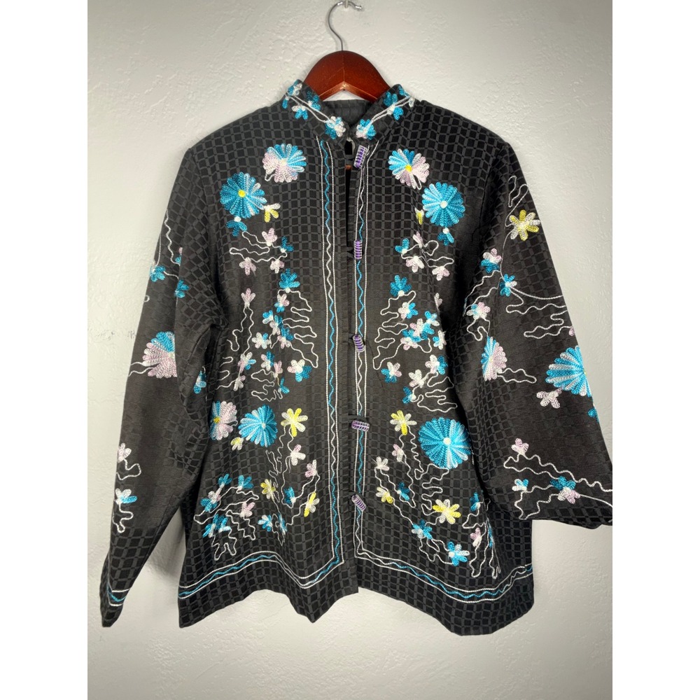 Drapers & Damons Petites Black Floral Embroidered Toggle Jacket PL Cotton Rayon